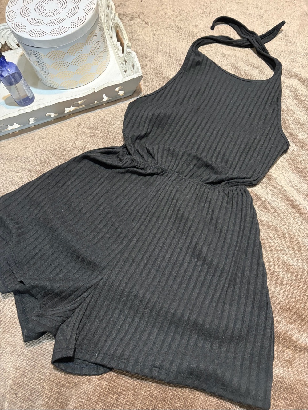 Lulus Unwind Style Black Ribbed Cutout Halter Lounge Romper, Size Medium